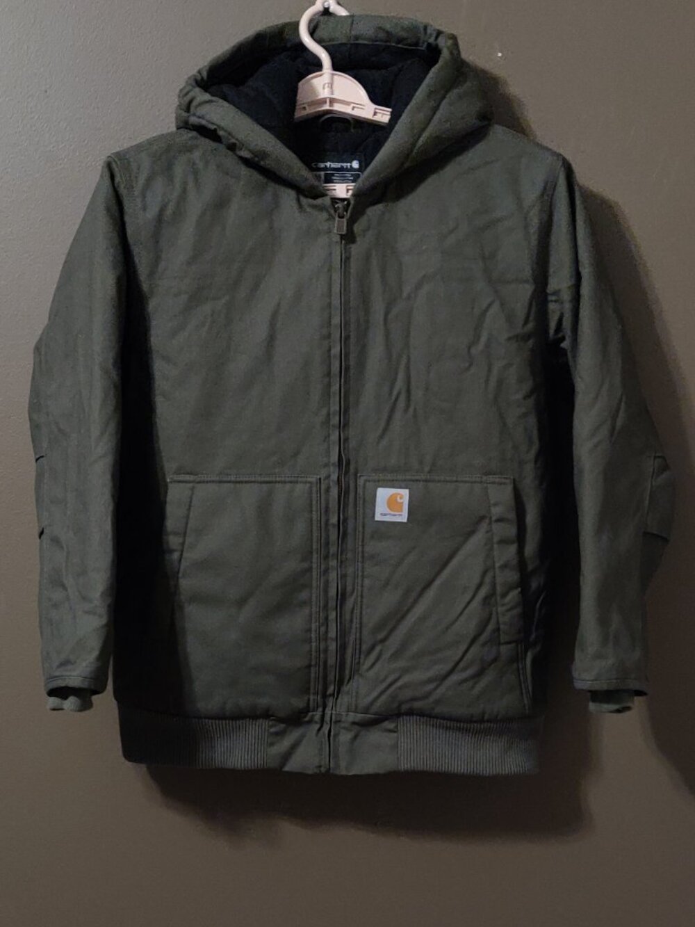 Carhartt Canvas Insulated Hooded Active Jac Jacket in Olive Boys Large 14/16